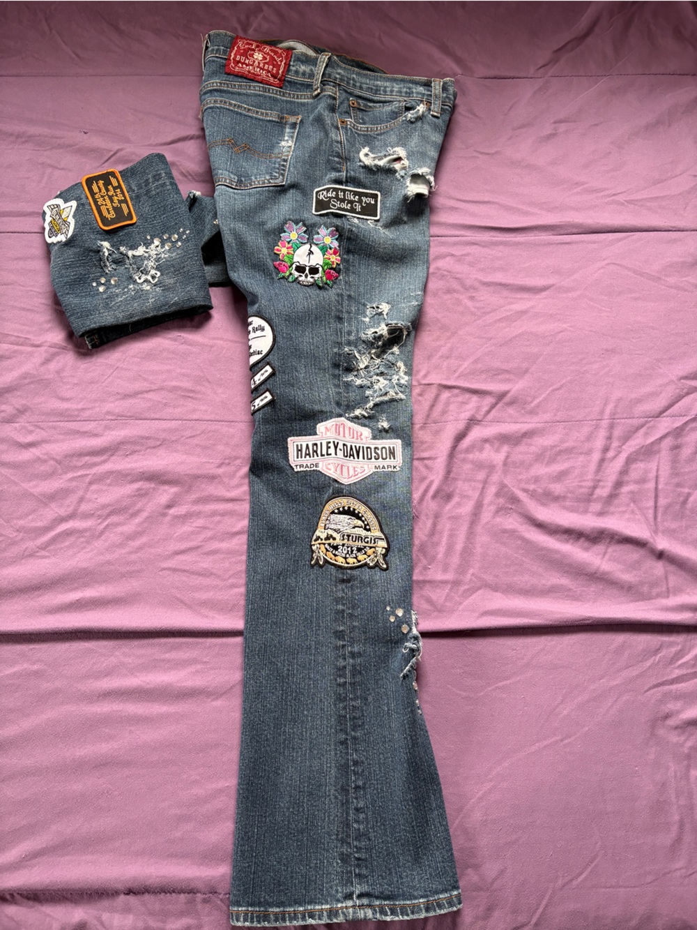 Blue Jeans, CUSTOM with Patches FROM Harley Davidson Bike Rallies. 
Vintage.
